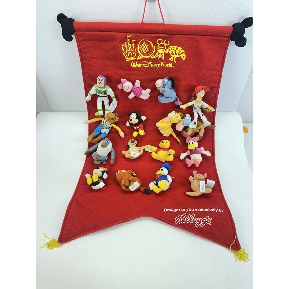 Vintage 2001 Kellogg's Walt Disney World 16 Mini Bean Plush Set Display Banner